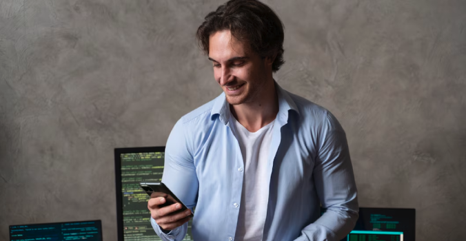 A male person creating mobile applications through coding